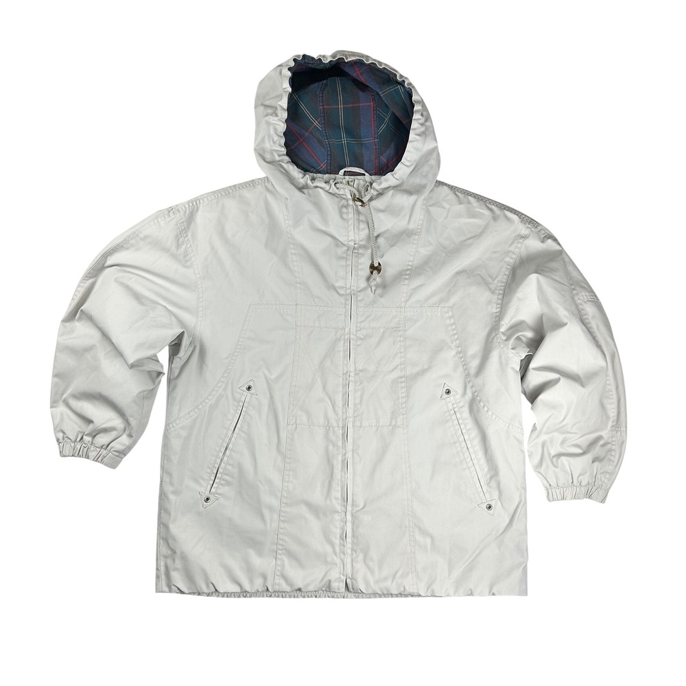 Mulberry Street 90's Mens Hooded Windbreaker Jacket Gray Plaid Lined Full‎ Zip L